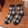 Retro argyle middelhoge dames sokken dikke warme wol gebreide winter mode vintage - Eén maat / Marineblauw