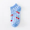 Chaussettes basses mignonnes à carreaux bleus et cerises pour femmes coton doux printemps été - Taille unique / Bleu