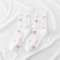 Cute rabbit and peach print cotton mid-tube socks stylish sweet variant white color - One Size / White