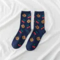 Cute women cotton mid-tube socks with lovely bear and cherry patterns, comfortable and stylish. - One Size / Navy Blue
