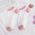 Cute womens short socks white cotton pink strawberry pattern Japanese style boat socks. - One Size / Row of Strawberries in Middle