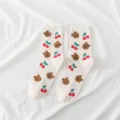 Cute cartoon bear and cherry pattern cotton mid tube socks, sweet style casual hosiery. - One Size / Khaki