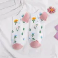 Cute women floral ankle socks, Japanese white cotton short socks with pink heel and toe. - One Size / Cherry