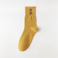 Mens Mustard Yellow Cotton Crew Socks with Novelty Mustache Man Design Casual Wear - One Size / Yellow