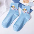 Cute cartoon astronaut print mid-calf socks for women, light blue casual cotton hosiery. - One Size / Blue