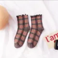 Damen Mittelsocken rüschen rüschen gitter design bequeme freizeit baumwolle strumpfwaren mode - Einheitsgröße / Großes Karo / Grau