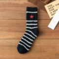 Plush Coral Fleece Socks Black White Stripe Red Star Winter Warm Thermal Floor Socks - One Size / Black