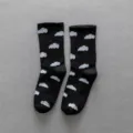 Black mid-calf socks featuring white cloud patterns, trendy cotton casual skateboard socks. - One Size / Black