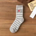 Cozy coral fleece winter socks for men with cute red star embroidery and grey white stripes. - One Size / Khaki