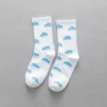 White mid-calf crew socks with sky blue cloud pattern cotton variant design style. - One Size / White