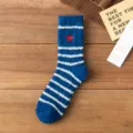 Blue coral fleece winter warm men socks with white stripes and red star embroidery. - One Size / Navy Blue