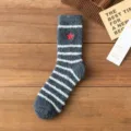 Fuzzy coral fleece socks for men, dark grey with white stripes and red star embroidery. - One Size / Dark Gray