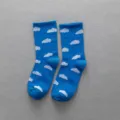 Blue mid-calf socks for women and men featuring cute white cloud patterns, comfortable cotton. - One Size / Dark Blue