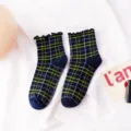Damen Mittelsocken süße Karomuster Baumwolle Rüschenrand College Stil Alltag Mode neu - Einheitsgröße / Großes Karo Marineblau