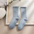 Damen süße Blumen bestickte Rüschenbündchen mittlere Socken Freizeit täglicher Stil - Blau