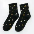 Women cotton mid tube socks with glitter star and moon pattern, spring fashion casual daily wear. - One Size / Black