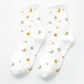Women White Mid Tube Socks Sparkly Star Moon Cotton Cute Casual Daily Fashion Wear - One Size / White