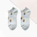 Grey cotton low-cut boat socks featuring cute cartoon bear pattern, casual everyday wear. - One Size / Light Gray