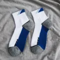 Men's athletic mid-tube socks with terry bottom, breathable cotton sports socks for active wear. - One Size / White and Dark Blue