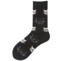 Schwarze Baumwoll-Mittelwaden-Socken mit süßen Katzenmuster, bequeme Freizeitkleidung - Einheitsgröße / Schwarzer Hintergrund Katze