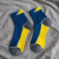 Men's thick cushioned athletic crew socks, blue yellow colorblock thermal sports socks. - One Size / Dark Blue and Yellow