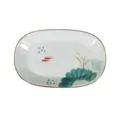 Assiette ovale en ceramique peinte a la main motif poisson rouge et lotus, blanche. - Plat à Poisson