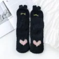 Cute cat ear fuzzy socks for women, thick coral fleece winter thermal floor socks with heart. - One Size / Black