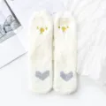 Women's cute fluffy fleece floor socks with adorable embroidered bear and heart design for winter. - One Size / White