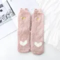 Cute pink fuzzy fleece thermal floor socks with cute bear ears and heart embroidery design. - One Size / Pink