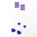 Weiße transparente Kniestrümpfe mit lila Streifen, dünne Glasfaser-Wadensocken für Damen. - Einheitsgröße / Violette 3-Streifen