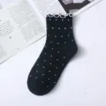 Süße schwarze Mittelsocken mit weißen Punkten und schönen Rüschen für Damen Stil neu - Einheitsgröße / Schwarze Polka-Dots