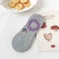 Cute embroidered cotton low cut boat socks in grey speckle yarn with purple trim. - One Size / Gray