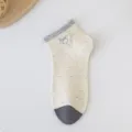 Cute bow embroidered cotton short socks with colorful flecks, breathable casual ankle socks. - One Size / Color Block Bow Beige