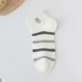 Cute cartoon embroidered striped short socks for women, breathable cotton white and gray. - One Size / Solid White 4-Stripe