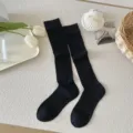 Black long socks for women, knee high ribbed cotton stockings, casual solid color hosiery. - One Size / Black