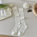 White ribbed knee-high socks for women, soft long cotton stockings for daily wear, spring summer. - One Size / White