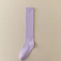 Purple solid color women's mid-tube ribbed calf socks, soft cotton casual long fashion hosiery - One Size / Purple