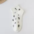 Women's cotton ankle socks with cute panda embroidery and abstract dots. Perfect for spring. - One Size / Pure White Patch