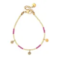 Gouden roestvrijstalen kralenarmband met roze kralen en gehamerde hangers variant. - Rood Korund (XN011-4)