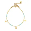 Gouden roestvrijstalen kralenarmband met blauwe halfedelstenen en gehamerde bedels. - Amazoniet (XN011-6)