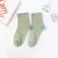 Grüne Vintage Kariert Rüschen Wadenlange Socken für Damen, süße Baumwoll Alltagsstrümpfe. - Einheitsgröße / Kleiner Karo-Stil / Grün