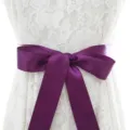 Purple satin ribbon waist belt paired with white lace dress bridal accessory style SKU - Gold Rhinestone Sheets with Ribbon / With Purple Ribbon