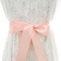 Elegant white lace dress with a pastel pink satin ribbon bow waist belt for bridal and wedding wear. - With Rosy Red Ribbon