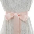 White lace dress variant featuring a lovely light pink satin ribbon waist belt bow accessory. - With BB Pink Ribbon