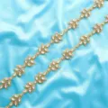 Exquisite rhinestone applique trim, crystal leaf bridal dress belt accessory detail view. - Gold
