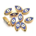 Abalorio cuenta mal de ojo de aleación metálica dorada, esmalte doble faz para joyas DIY. - Estilo Ojo con Pestañas (PJ036) / 1 Pieza (Aprox 12mm) / Azul