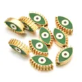 Abalorios de aleación de mal de ojo de esmalte verde para hacer joyas DIY y pulseras. - Estilo Ojo con Pestañas (PJ036) / 1 Pieza (Aprox 12mm) / Verde