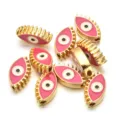 Cuenta de aleación de mal de ojo rosa, colgante de bricolaje de doble cara para pulsera - Estilo Ojo con Pestañas (PJ036) / 1 Pieza (Aprox 12mm) / Rosa rojo