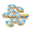 Cuentas de Mal de Ojo de Aleación de Oro Esmaltado Azul DIY Joyería Pulsera Collar - Estilo Ojo con Pestañas (PJ036) / 1 Pieza (Aprox 12mm) / Azul claro