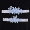 Light blue lace beaded bridal garter set with elastic floral embroidery for wedding. - Sky Blue